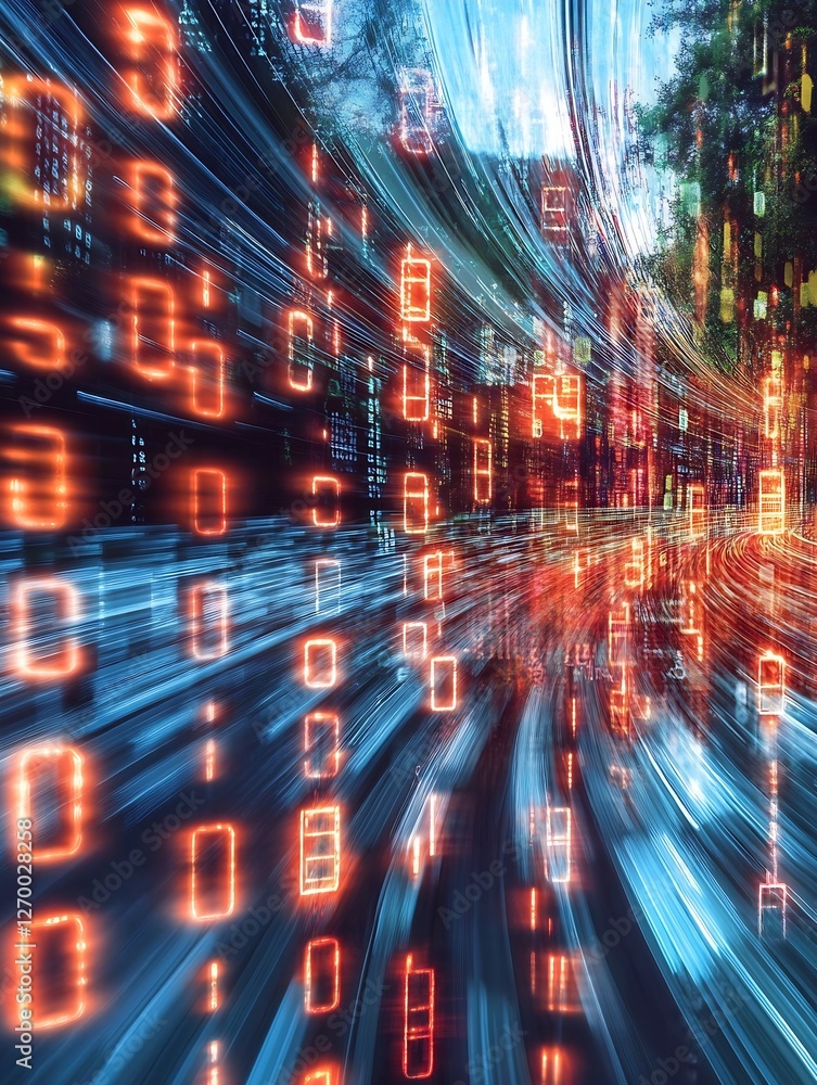 Poster Dynamic abstract digital background with binary code flowing and glowing in blues and oranges : Generative AI