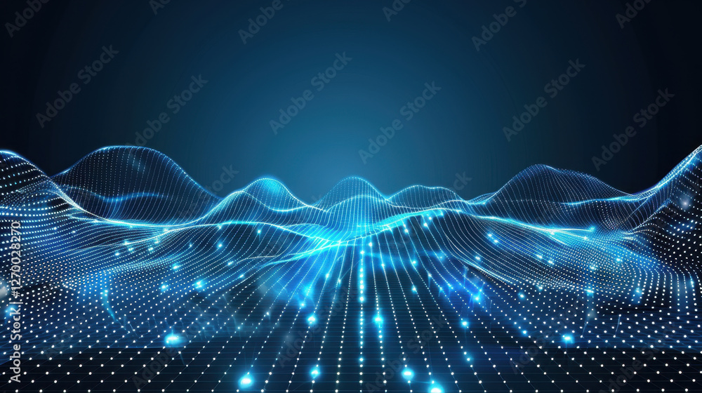 Poster digital landscape with glowing blue waves and dots, representing data visualization and technology. 