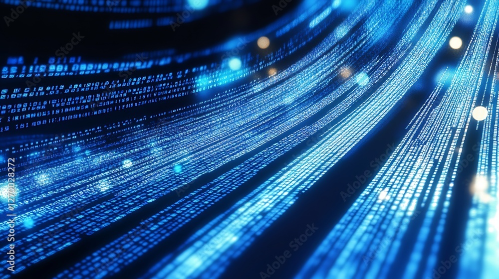 Fototapete Curved lines of glowing binary code flowing through a sleek digital space creating a dynamic visual experience : Generative AI