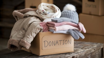 Box filled with donated winter clothing sitting on wooden surface