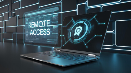 Futuristic laptop with a transparent interface displaying remote access concept, showcasing advanced technology, security, and digital connectivity in modern virtual environments.