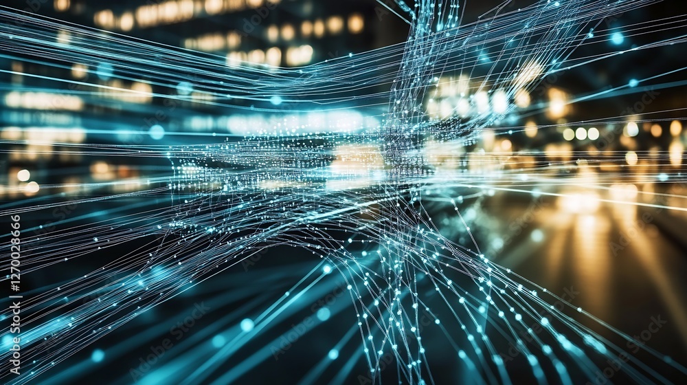 Poster Futuristic data flow streams with blue light trails in a vibrant urban landscape at night : Generative AI