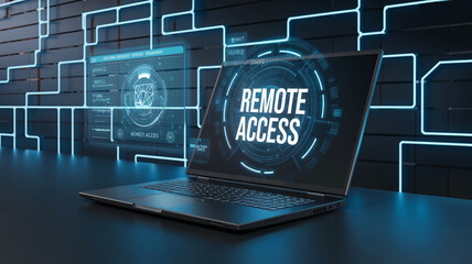 Futuristic laptop showcasing a transparent interface displaying "Remote Access," symbolizing advanced technology, digital connectivity, and secure online access.