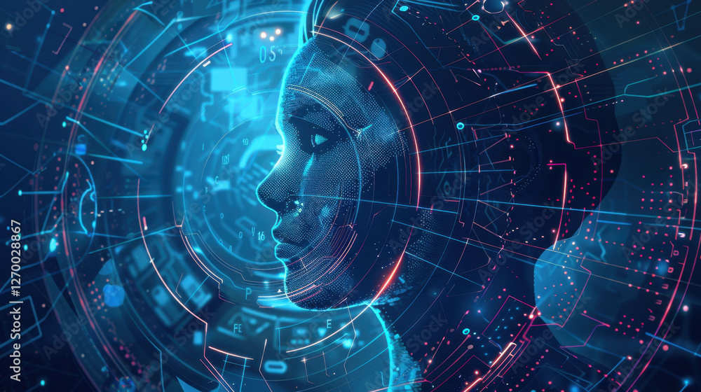 Poster futuristic digital representation of human face with glowing circuits and data patterns, symbolizing