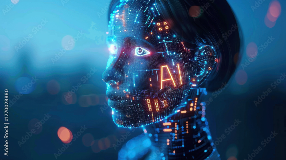 Poster futuristic digital face with glowing circuits and ai elements, representing technology and innovatio