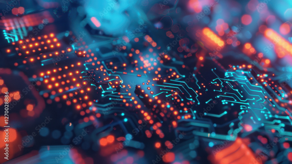Poster digital circuit board with glowing blue and red lights, showcasing intricate patterns and connection