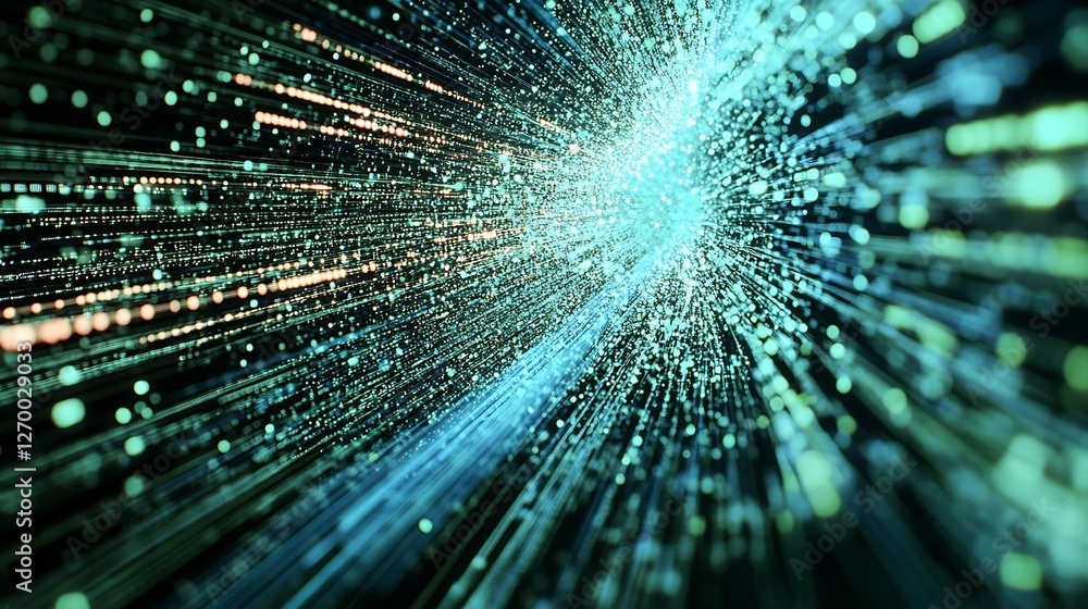 Poster Dynamic abstract light trails in blue and green colors creating a vibrant digital space : Generative AI