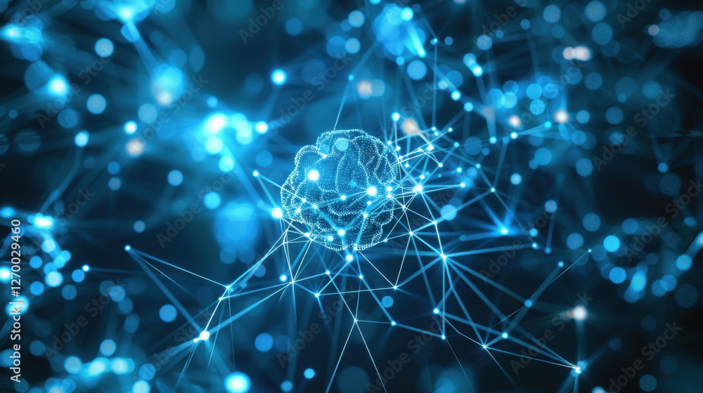 Poster digital representation of brain surrounded by interconnected blue lines and nodes, symbolizing neura