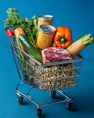 Colorful shopping cart brimming with vegetables meats and grains on textured blue background : Generative AI