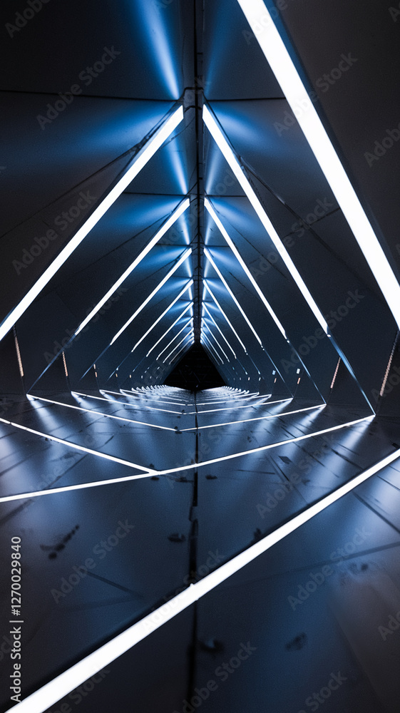 Poster a mesmerizing view of a futuristic triangular illuminated tunnel with glowing lines converging at th