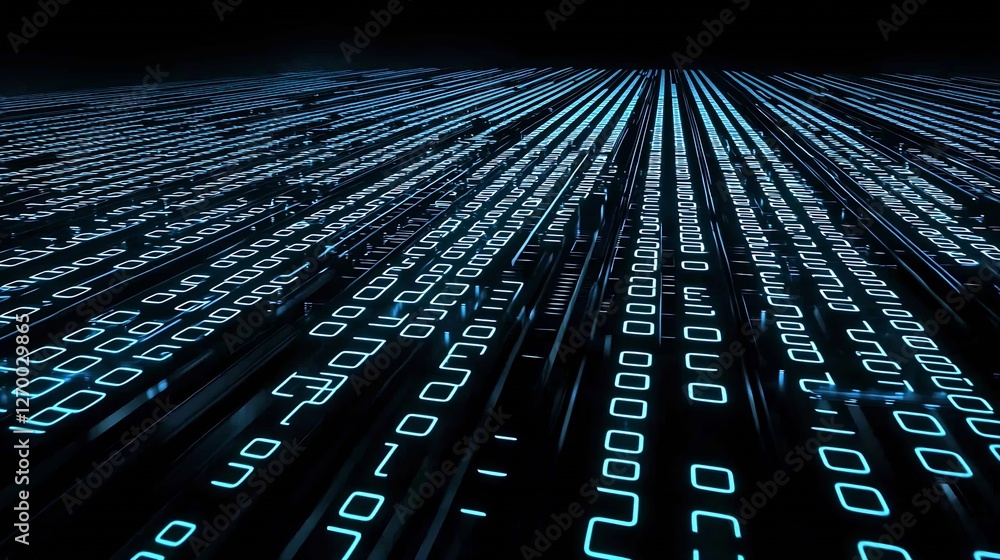 Aufkleber Extensive digital grid featuring luminous blue binary code representing technological advancement : Generative AI