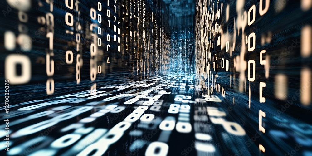 Poster Dynamic Digital Landscape with Binary Code Representing Data Flow and Technology in Motion : Generative AI