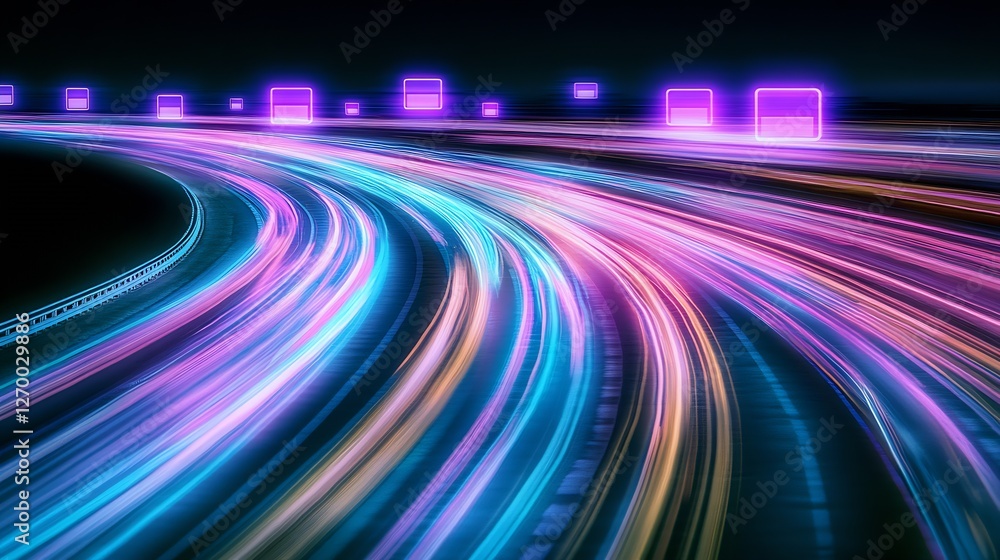 Aufkleber vibrant light trails on a curved road at night with digital icons signifying smart technology : gene