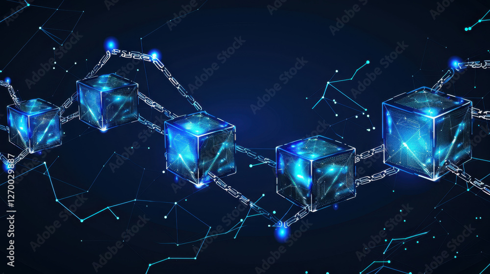 Poster digital representation of blockchain with glowing blue cubes connected by chains, symbolizing techno