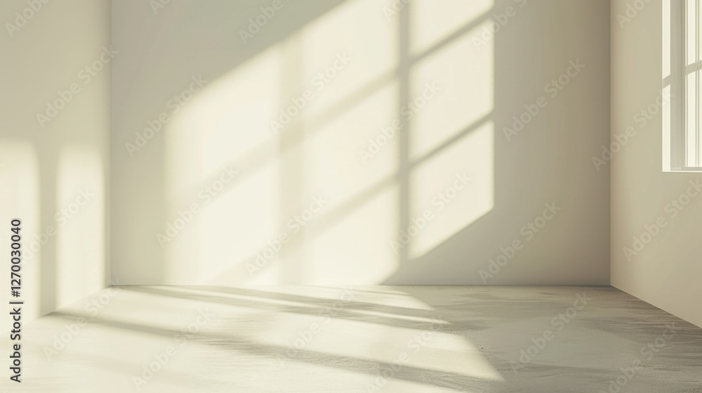 Poster bright, empty room with soft shadows cast by sunlight through windows, creating serene atmosphere. w