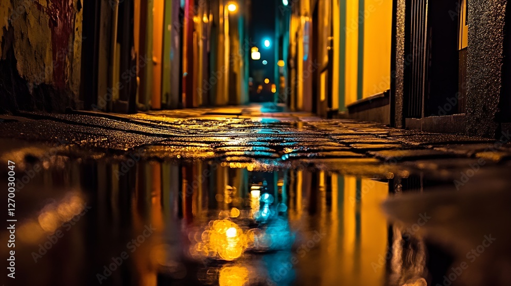 Poster charming nighttime alley scene with vibrant lights and wet streets creating a dreamy atmosphere : ge