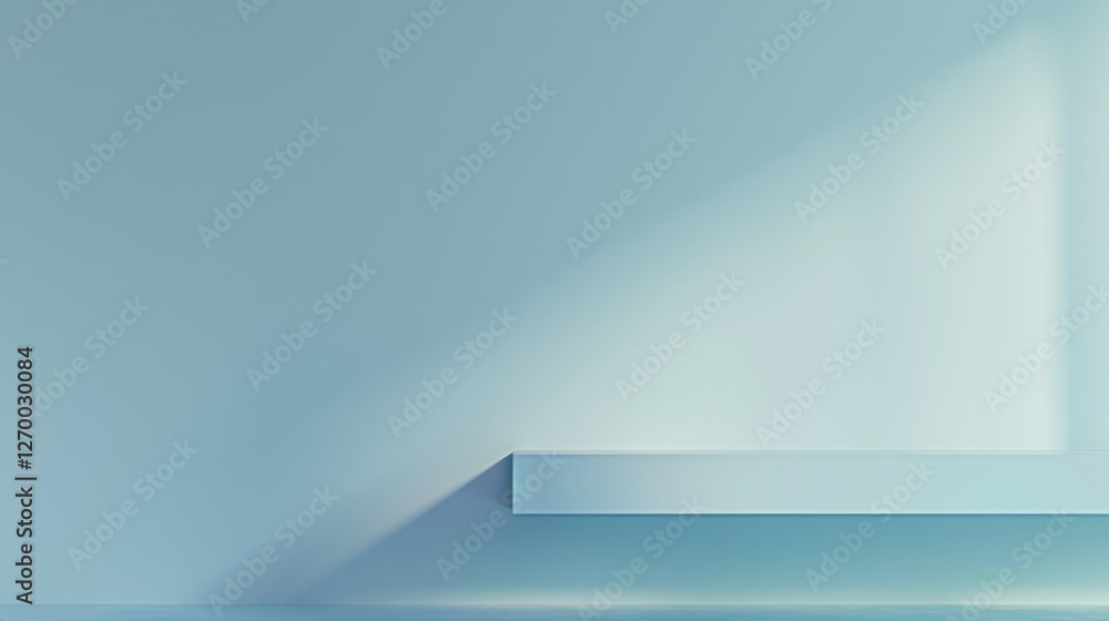 Aufkleber minimalist interior with light blue wall and shelf casting soft shadow, creating serene atmosphere. 