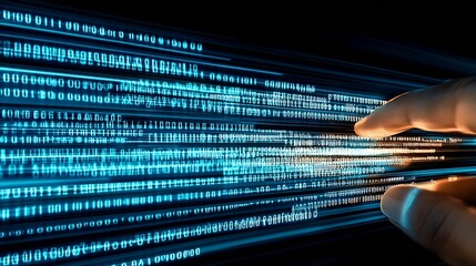 A close-up of a hand touching a vibrant digital data stream with binary code details : Generative AI