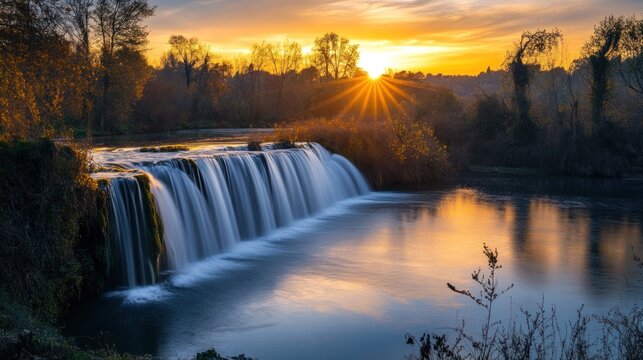 Cascading waterfall under a radiant sunrise reflecting in serene waters - Powered by Adobe