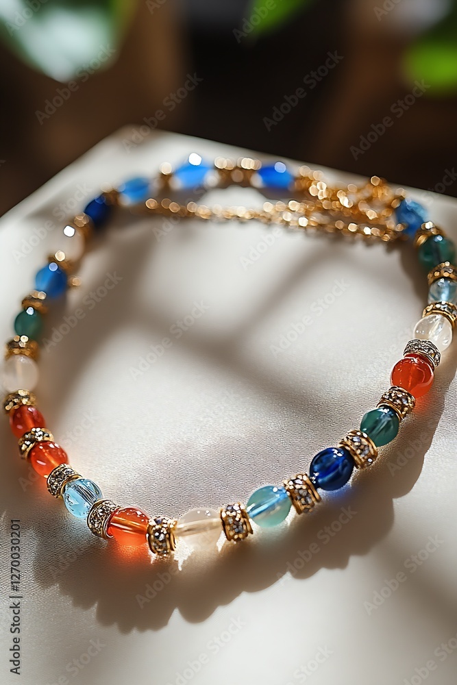 Poster elegant and trendy necklace featuring bright colored beads set against a soft background : generativ
