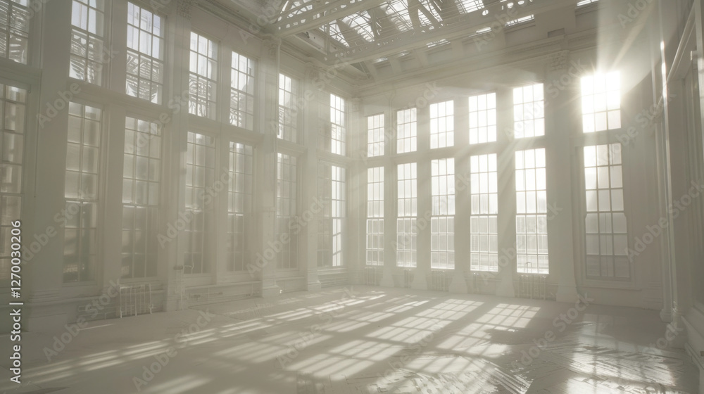 Poster bright, spacious interior with large windows allowing sunlight to stream in, creating serene atmosph