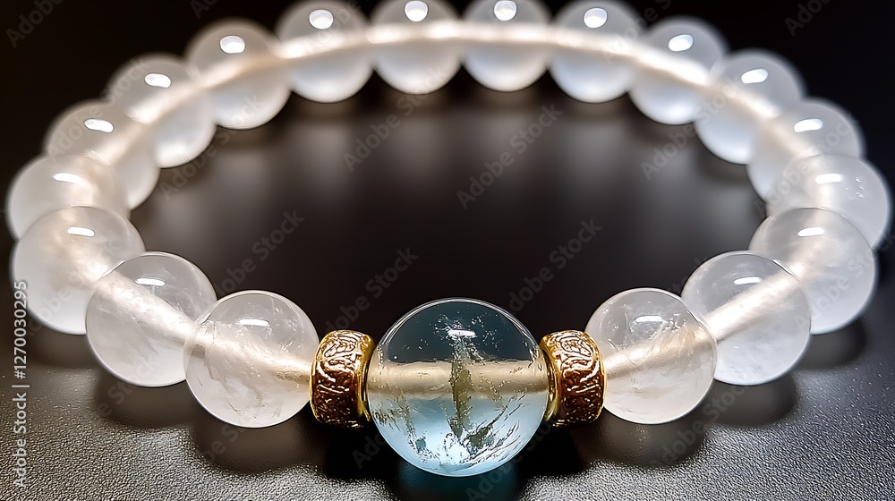 Poster intricate detail of a collection of pristine white beads showcasing a captivating blue centerpiece o