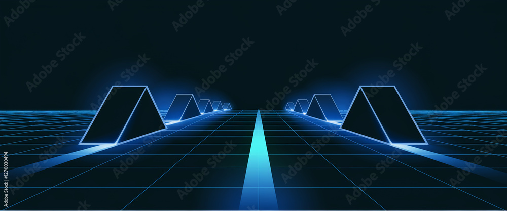 Poster a visually striking futuristic image of illuminated triangular shapes on a grid, symbolizing modern 