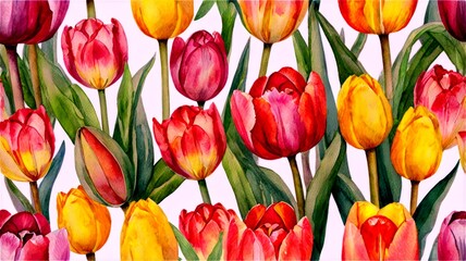 Fototapeta premium Hand-painted watercolor bouquet of multicolored tulips.