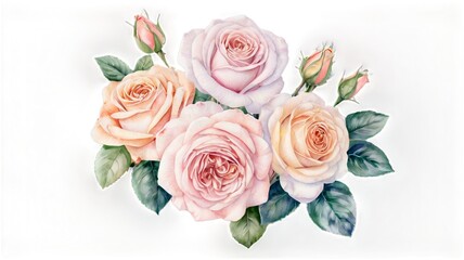 Elegant blooming roses with delicate pastel petals on a white background