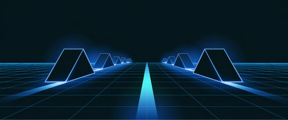 A visually striking futuristic image of illuminated triangular shapes on a grid, symbolizing modern technology, digital design, and innovation in a sleek, abstract environment.