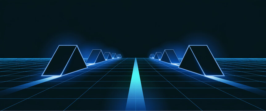 A visually striking futuristic image of illuminated triangular shapes on a grid, symbolizing modern technology, digital design, and innovation in a sleek, abstract environment. - Powered by Adobe