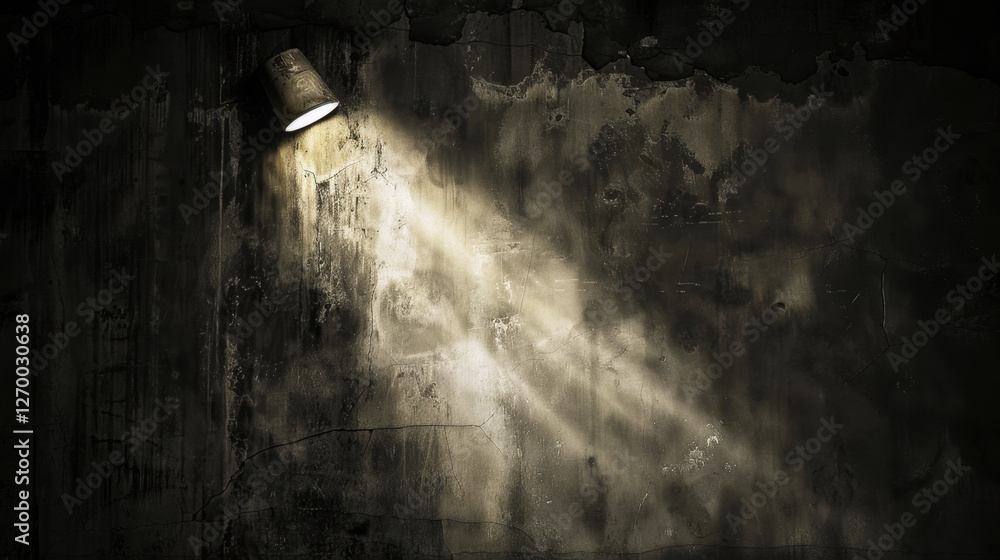 Poster beam of light illuminates textured wall, creating dramatic shadows and highlights. contrast adds dep
