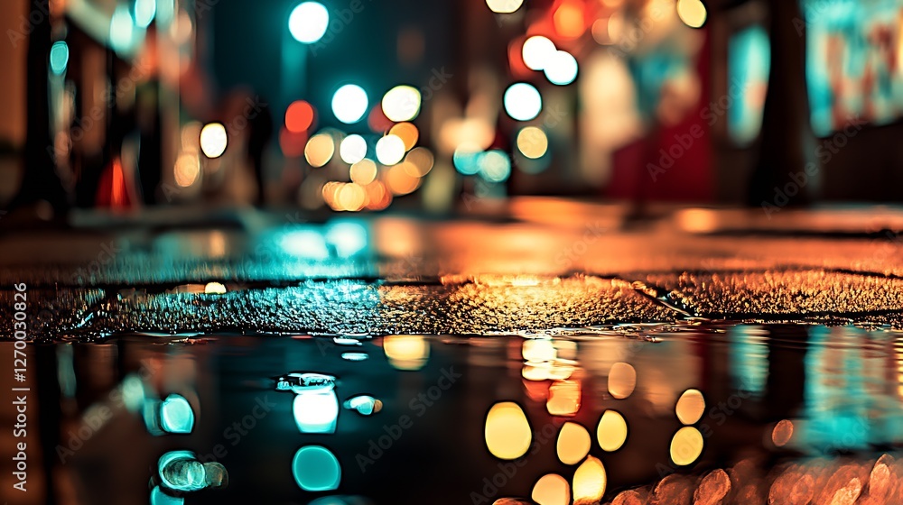 Aufkleber artistic view of a city street at night with glowing reflections in rainwater : generative ai
