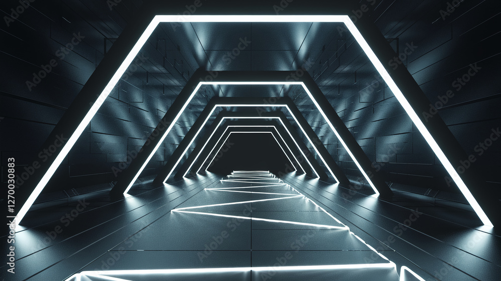 Poster a futuristic tunnel with glowing lines and angular shapes leading into the distance, symbolizing inn