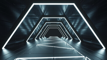 Obraz premium A futuristic tunnel with glowing lines and angular shapes leading into the distance, symbolizing innovation, technology, and the concept of a digital pathway or modern architecture.