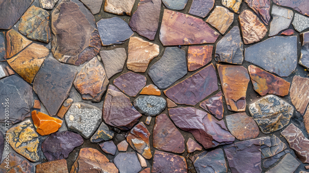 Poster textured stone surface with colorful slate pieces in various shapes and sizes, creating natural mosa