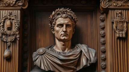 Naklejka premium Detailed wood carving depicting a classical figure with laurel wreath