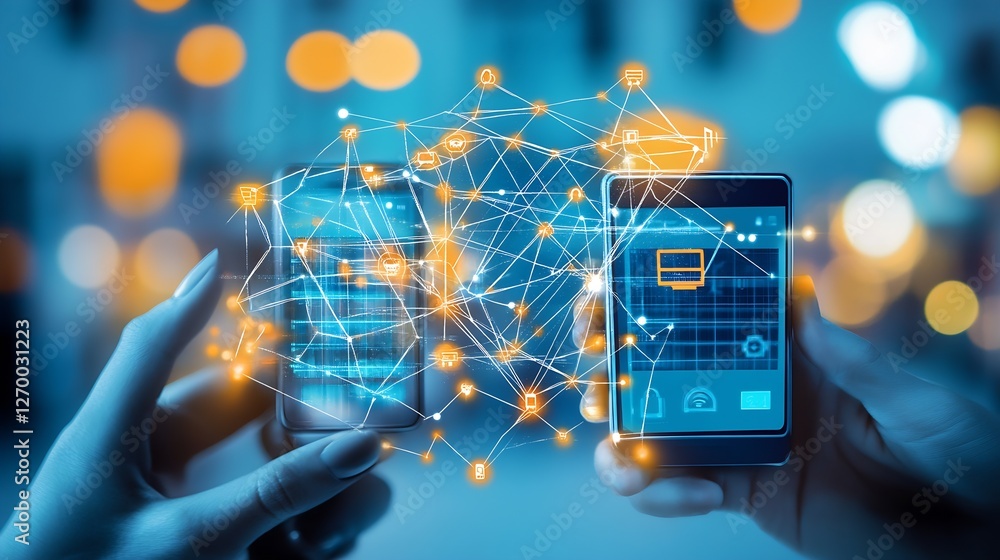 Leinwandbilder Two hands interacting with smartphones showcasing a dynamic interconnected digital data network design : Generative AI