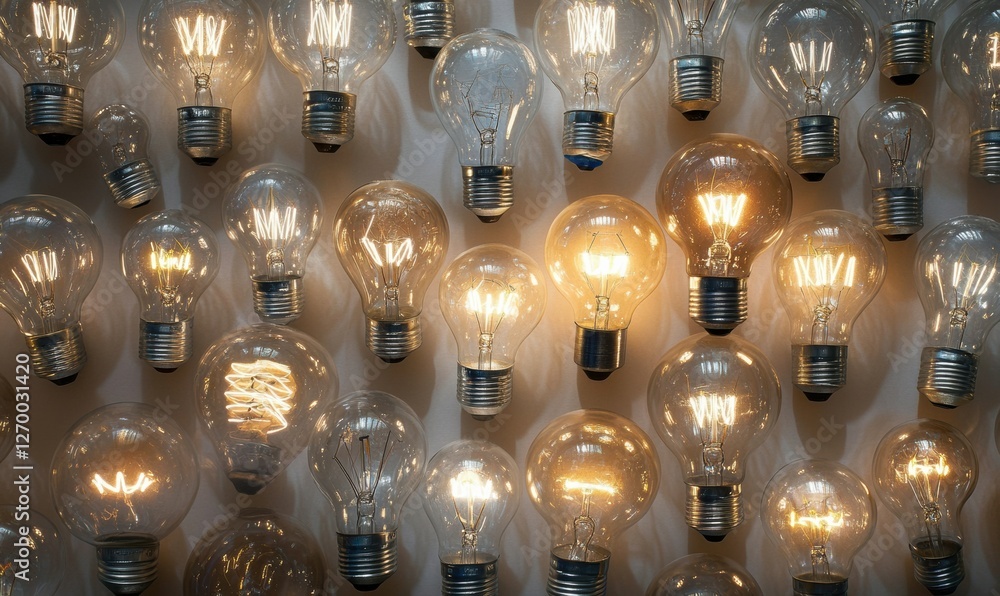 Poster an array of light bulbs placed on a flat surface, ready to be used or shown.
