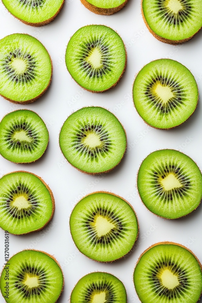Poster gleaming slices of kiwi create a cheerful pattern, showcasing the vibrant green flesh and unique bla