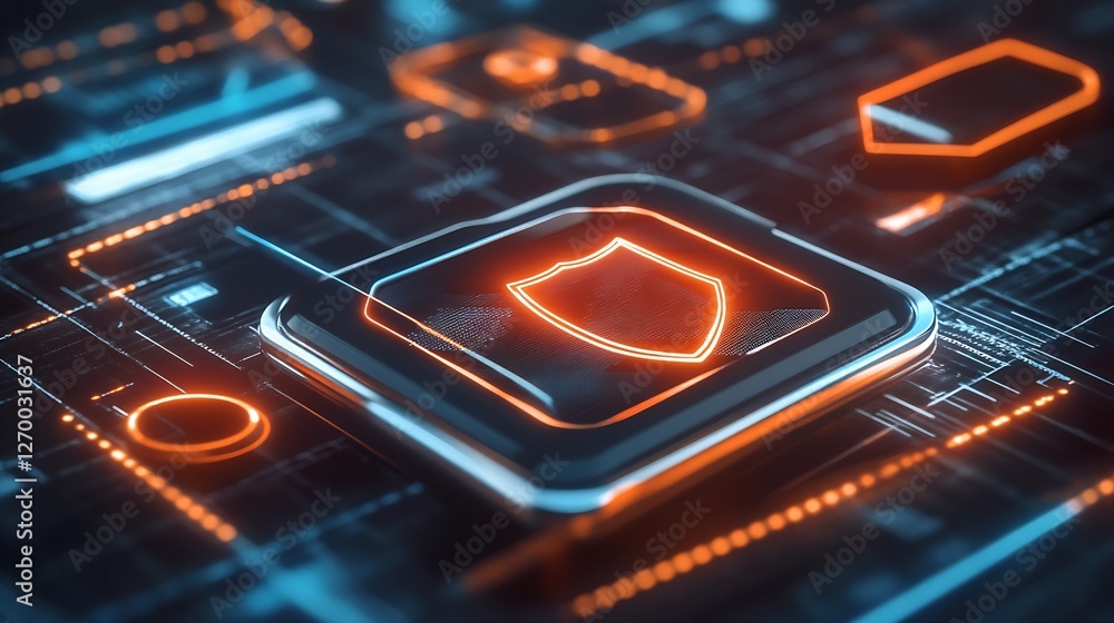 Poster Digital Shield Icon Illuminated on a Modern Technological Circuit Board Background : Generative AI