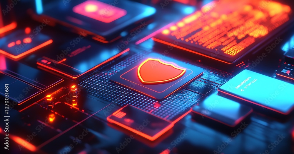 Fototapete High-tech digital design showcasing glowing shield graphics and sophisticated components on a modern technology interface : Generative AI