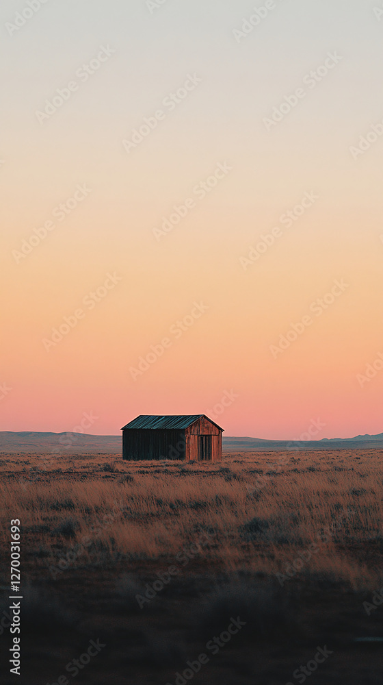 Poster A small rustic wooden shed isolated in an expansive field during sunset, symbolizing solitude and simplicity in a wide open rural landscape.