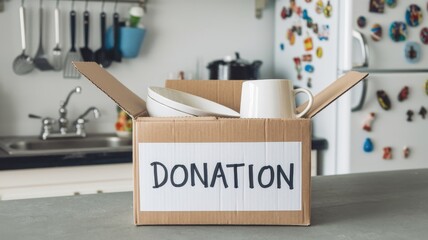 Box filled with kitchenware marked for donation stands ready