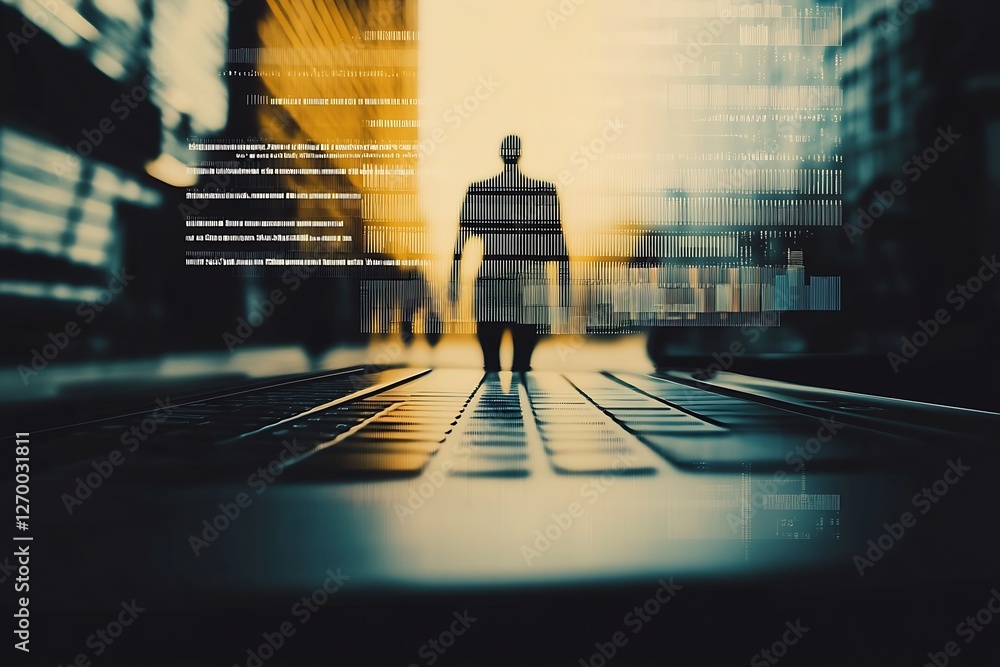 Poster Silhouette of a person walking on a laptop keyboard with cityscape and digital data effects in warm colors : Generative AI