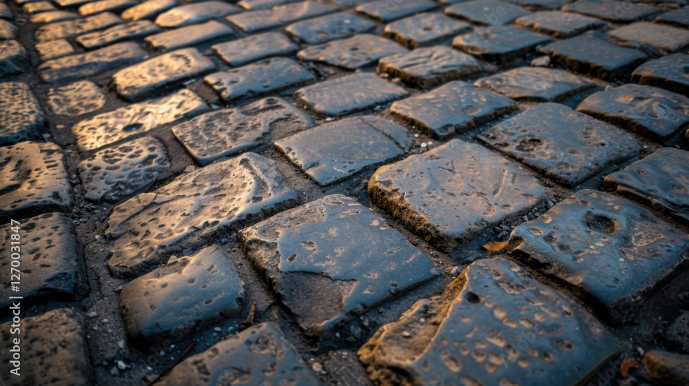 Poster cobblestone pavement with wet surface reflecting light, creating textured and moody atmosphere. ston