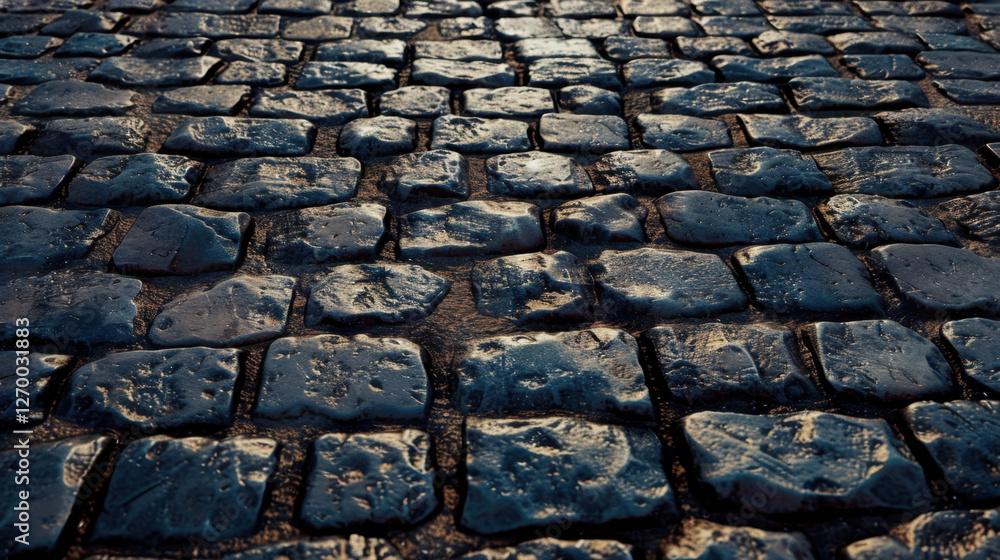 Poster wet cobblestone pavement reflecting light, creating textured surface