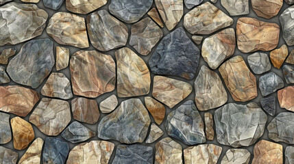 Fototapeta premium Natural stone wall texture with various colors and shapes, showcasing earthy tones and rugged appearance. Ideal for backgrounds or design elements