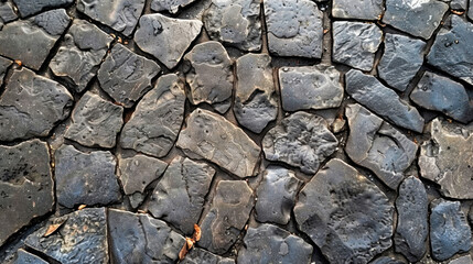 Fototapeta premium Textured black stone pavement with irregular shapes and patterns, showcasing natural variations and earthy tones. surface appears weathered and unique, adding character to ground