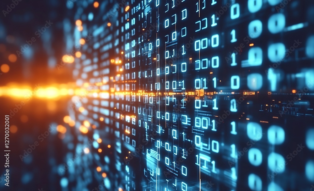 Poster Vibrant digital matrix displaying binary numbers in an abstract tech landscape : Generative AI